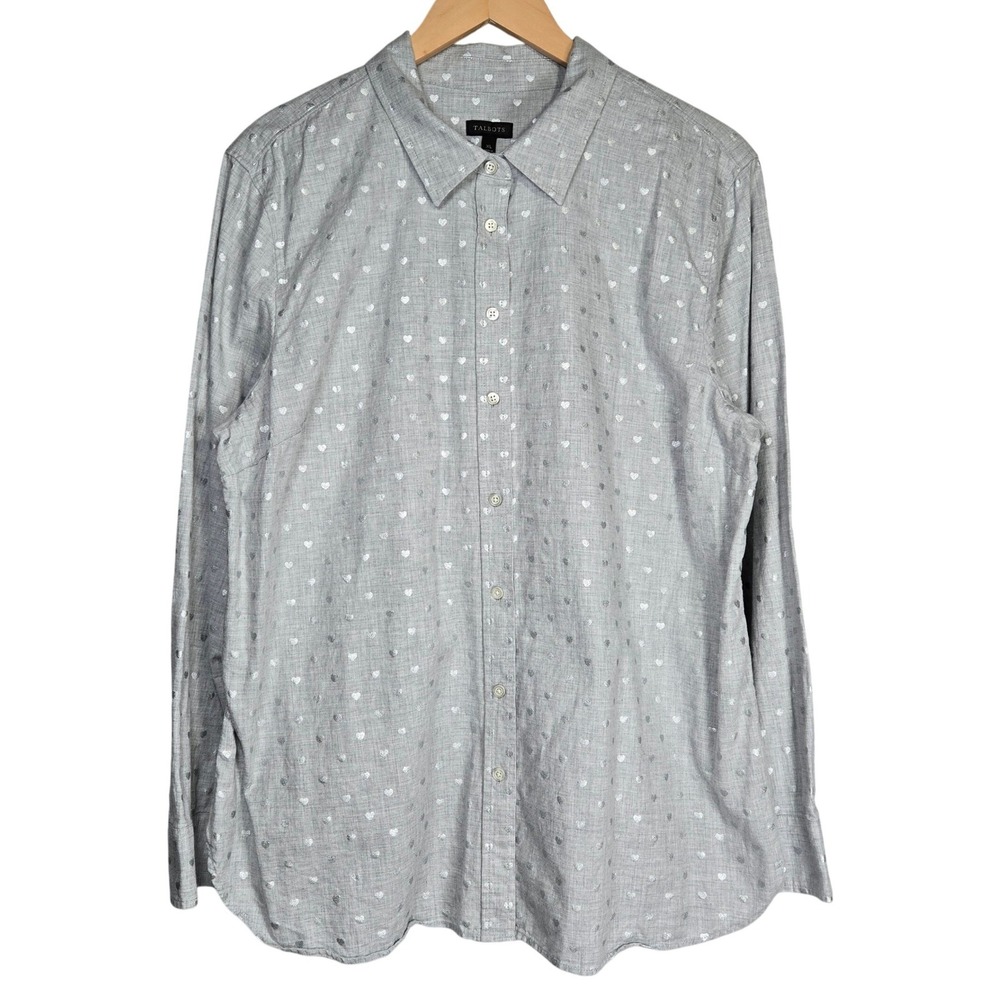 Talbots XL Grey Cotton Button Down Shirt Silver Metallic Heart Print Long Sleeve